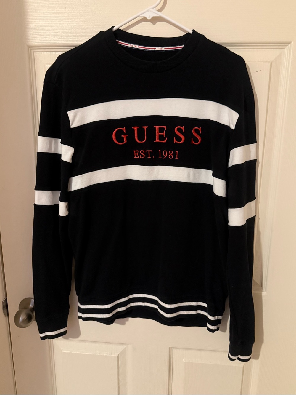 GUESS Black & White Striped Crewneck with Red Logo